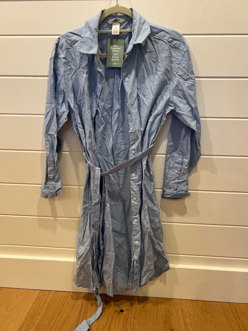 H&M Light Blue Button-Front Shirt Dress with Waist Tie